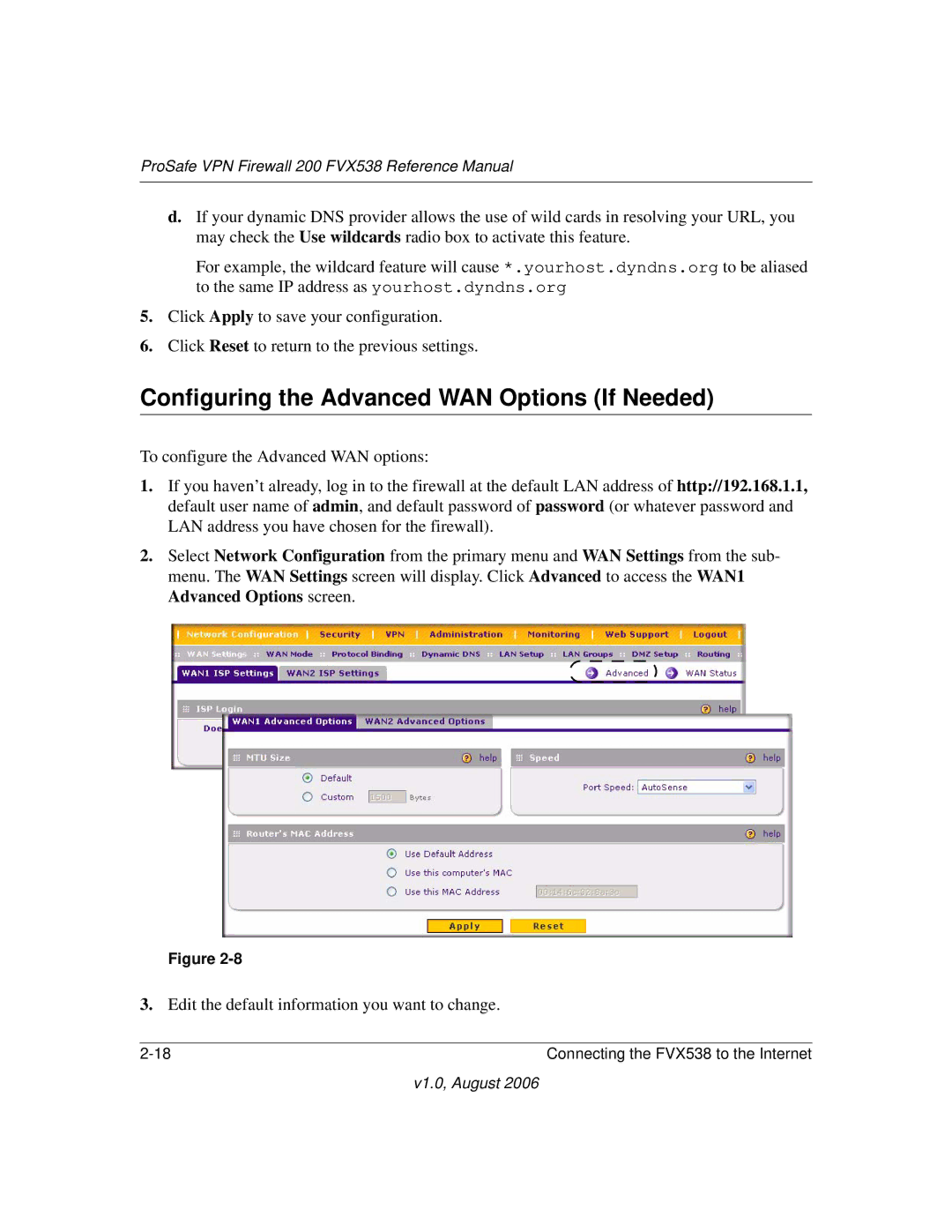 NETGEAR FVX538NA manual Configuring the Advanced WAN Options If Needed 