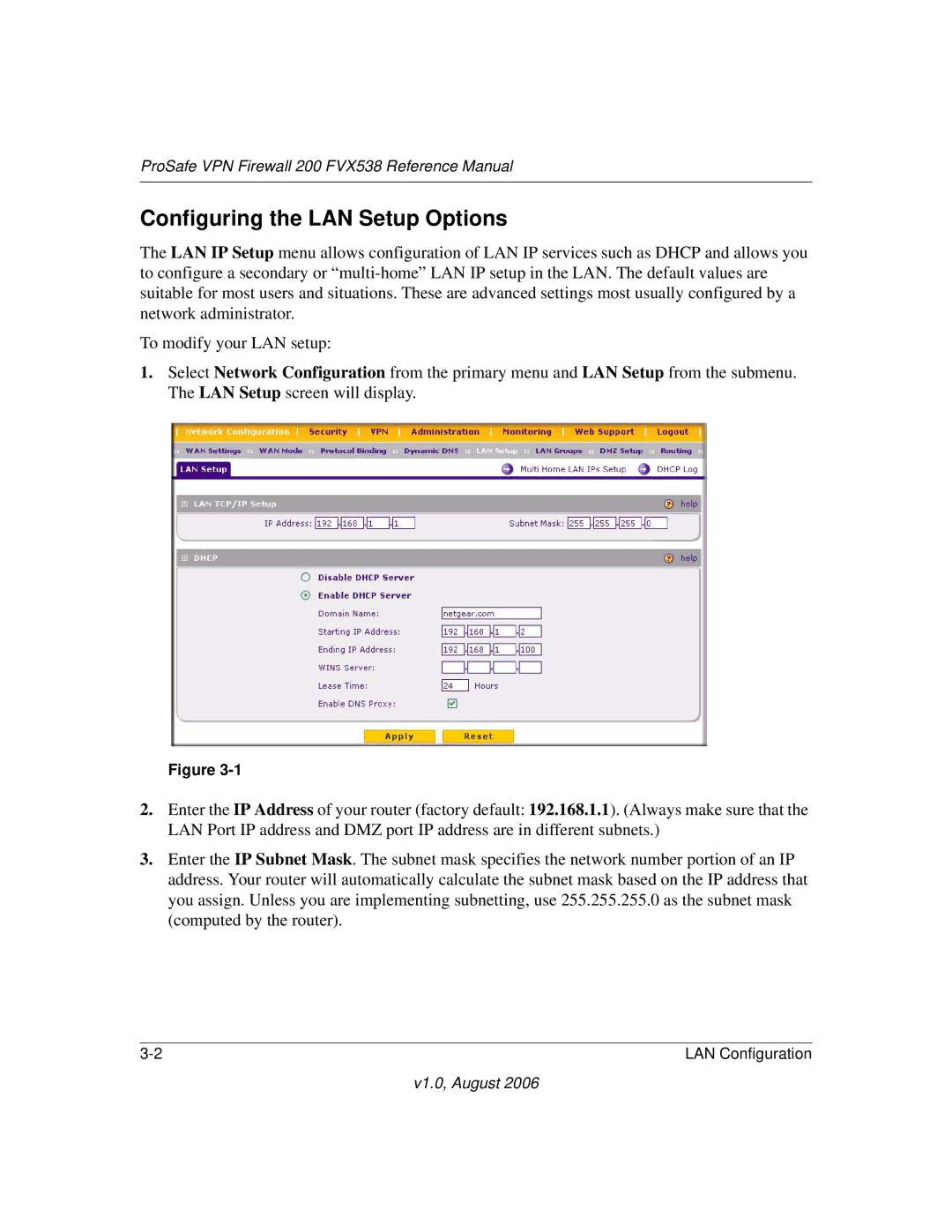 NETGEAR FVX538NA manual Configuring the LAN Setup Options 