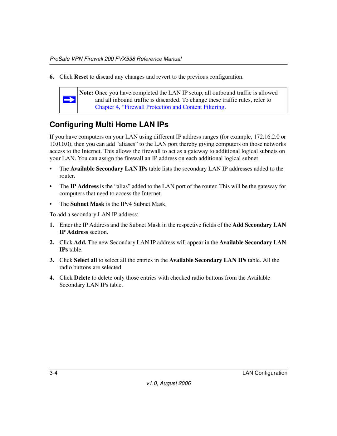 NETGEAR FVX538NA manual Configuring Multi Home LAN IPs 