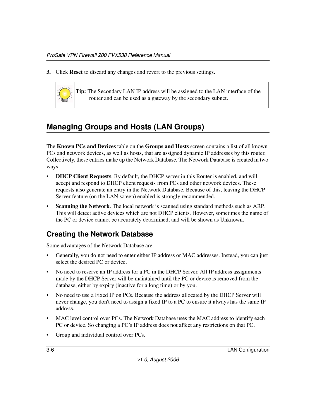 NETGEAR FVX538NA manual Managing Groups and Hosts LAN Groups, Creating the Network Database 