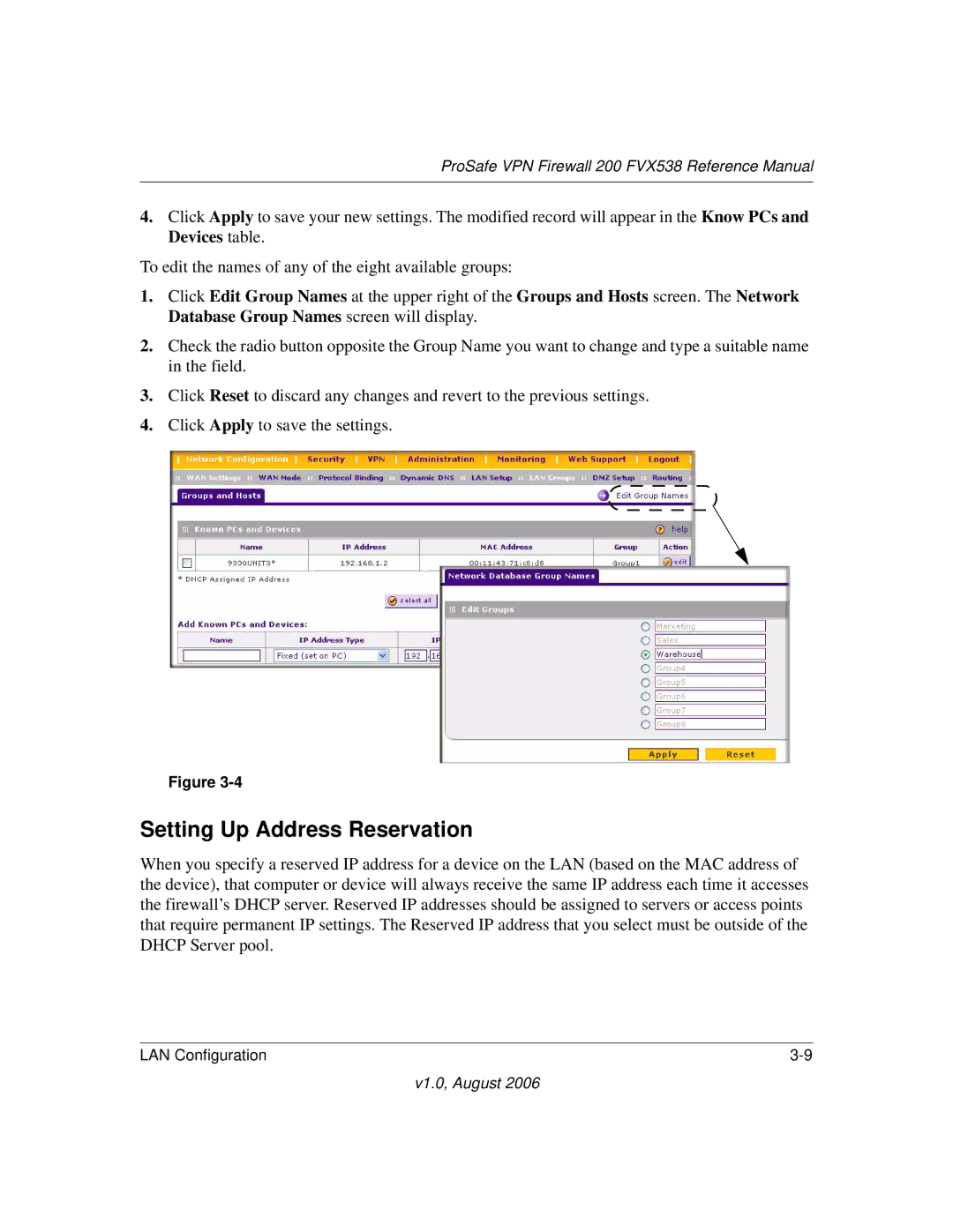 NETGEAR FVX538NA manual Setting Up Address Reservation 