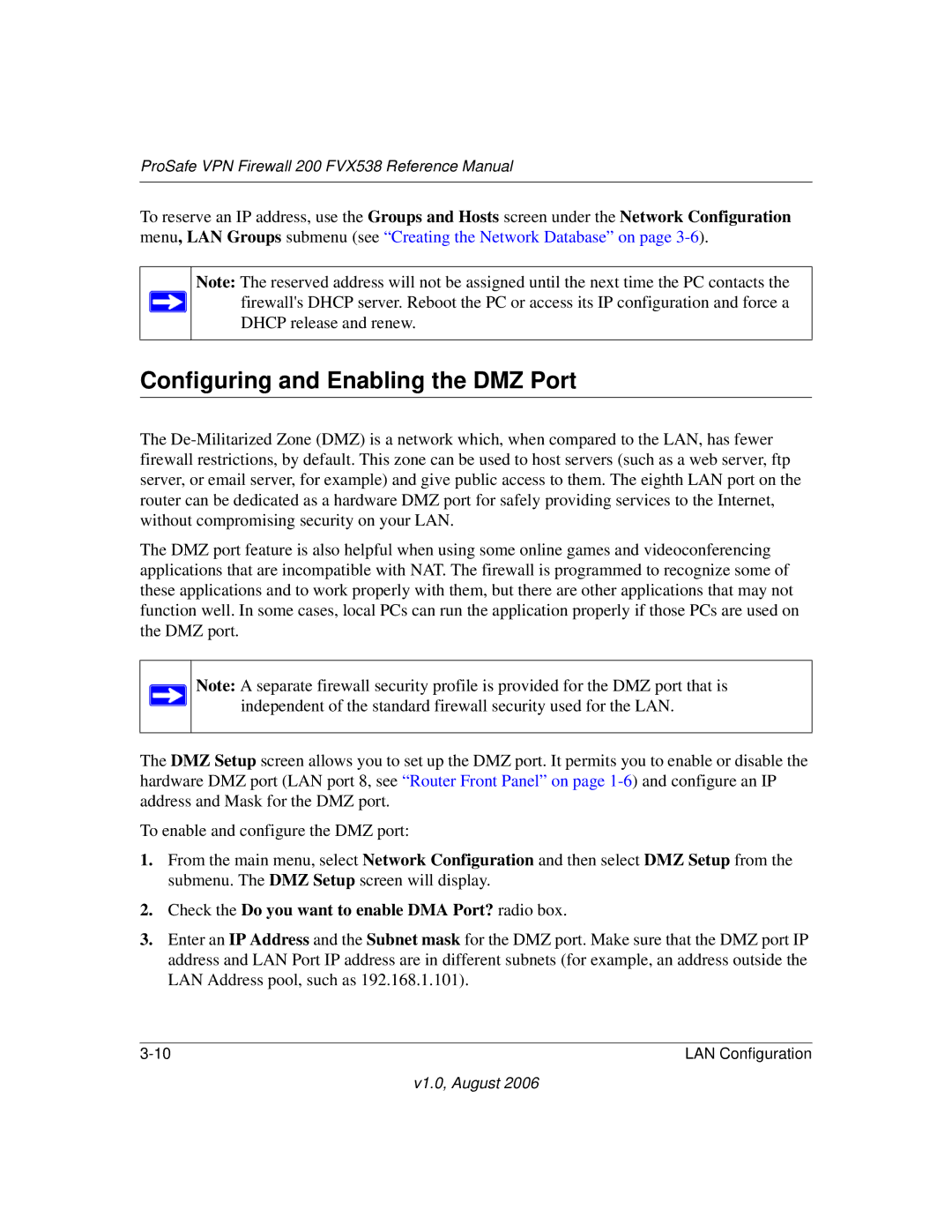 NETGEAR FVX538NA manual Configuring and Enabling the DMZ Port, Check the Do you want to enable DMA Port? radio box 