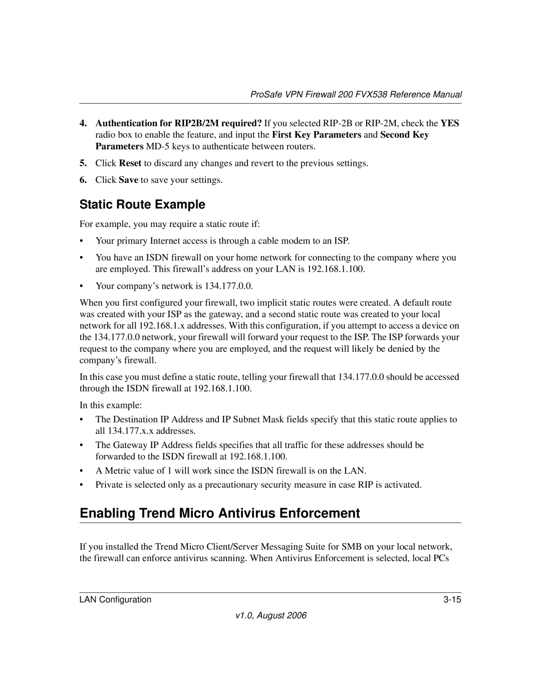 NETGEAR FVX538NA manual Enabling Trend Micro Antivirus Enforcement, Static Route Example 