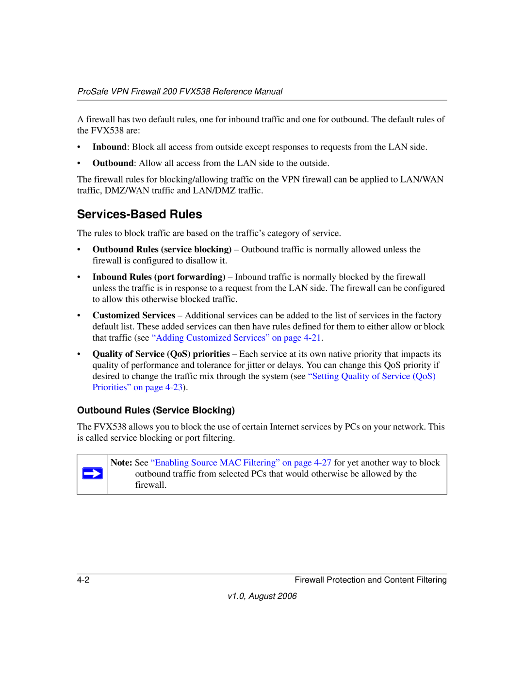 NETGEAR FVX538NA manual Services-Based Rules, Outbound Rules Service Blocking 