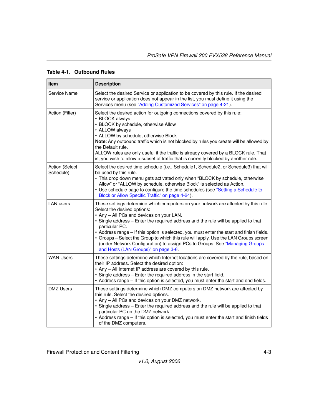 NETGEAR FVX538NA manual Outbound Rules, Services menu see Adding Customized Services on 