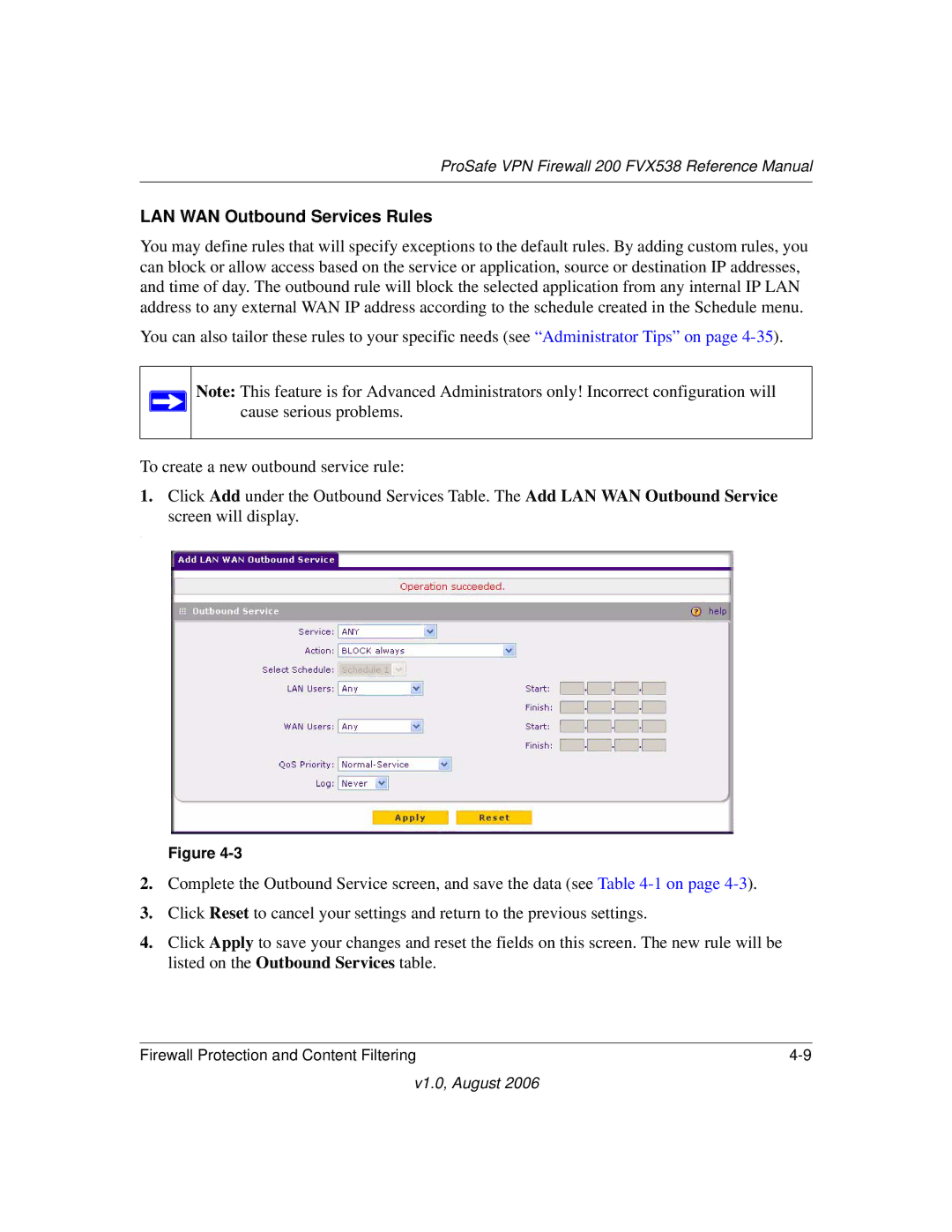 NETGEAR FVX538NA manual LAN WAN Outbound Services Rules 