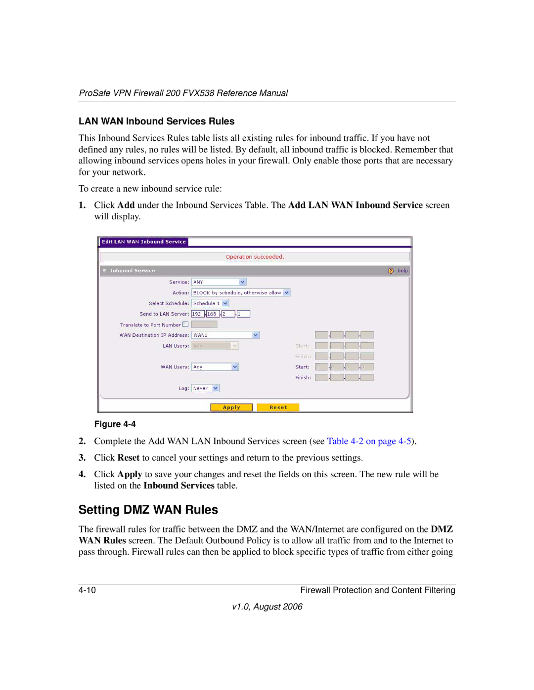 NETGEAR FVX538NA manual Setting DMZ WAN Rules, LAN WAN Inbound Services Rules 