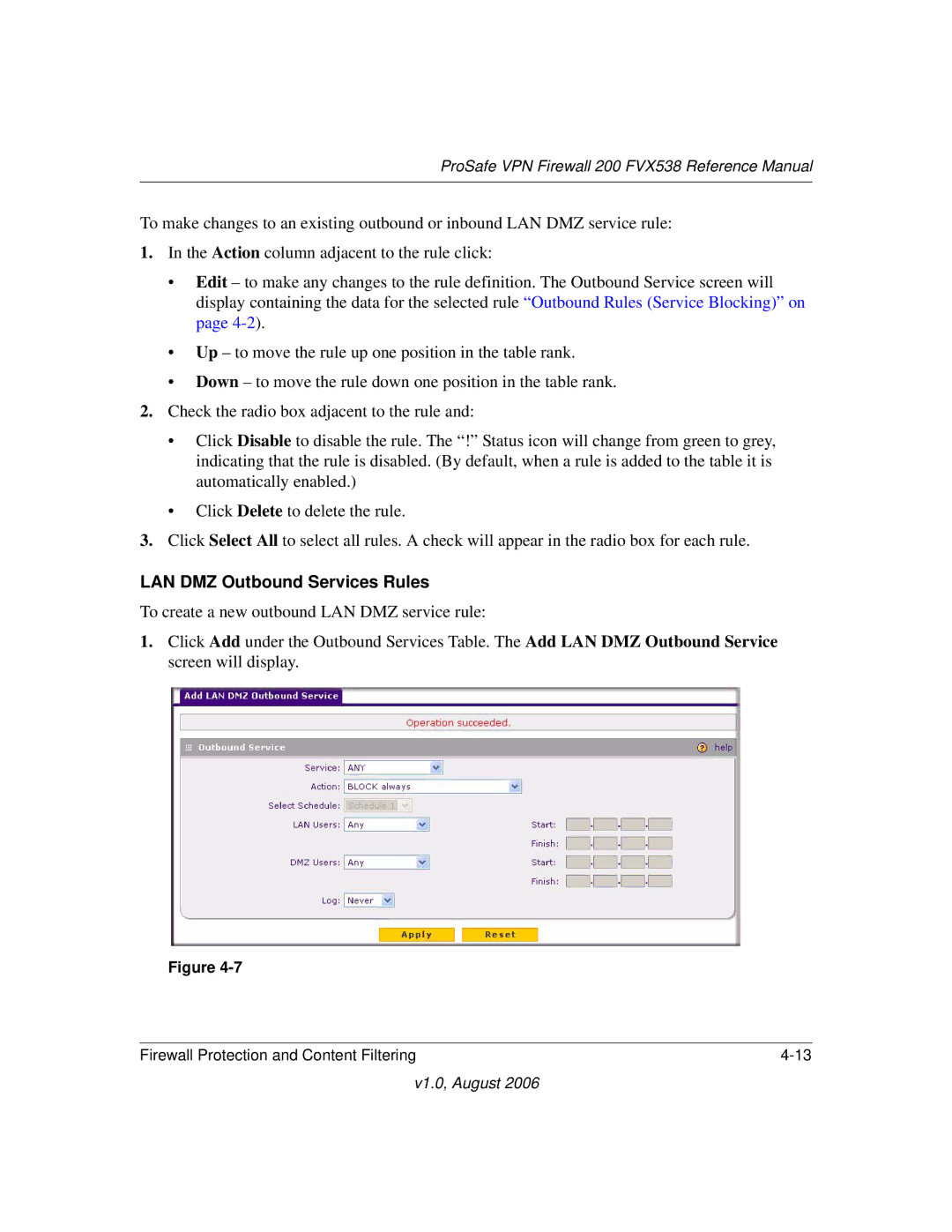 NETGEAR FVX538NA manual LAN DMZ Outbound Services Rules 