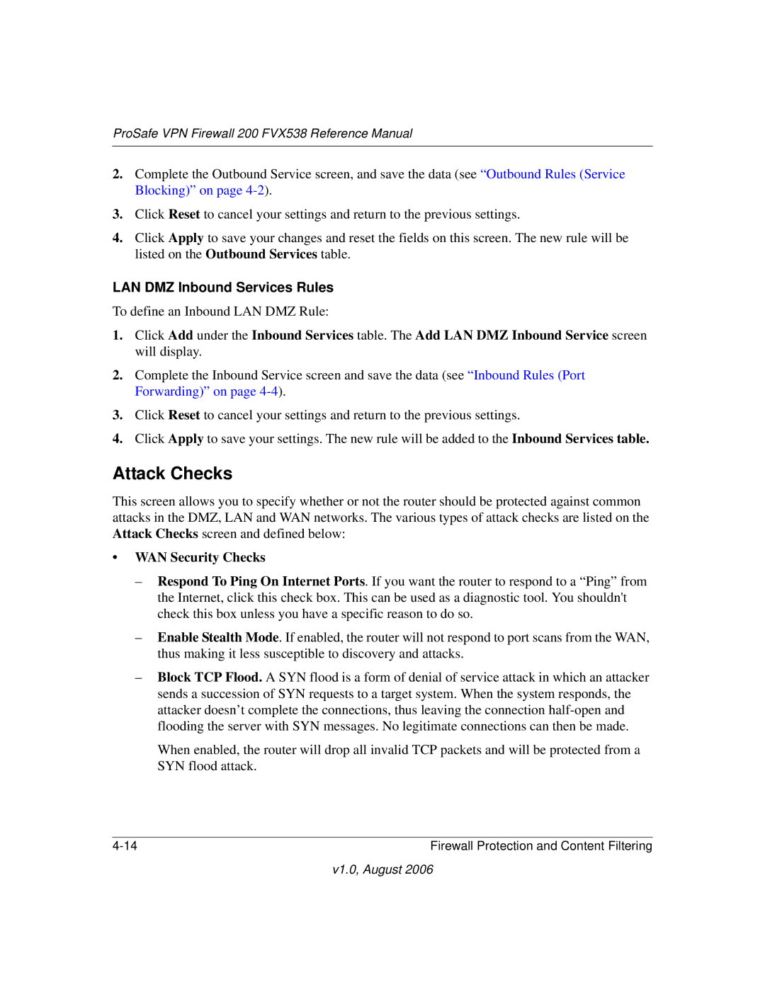 NETGEAR FVX538NA manual Attack Checks, LAN DMZ Inbound Services Rules 