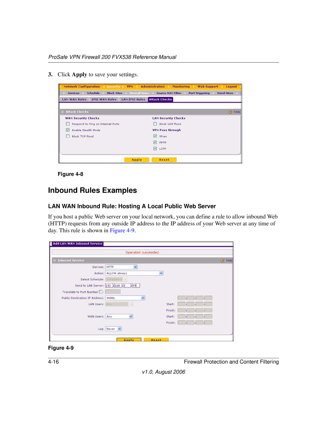 NETGEAR FVX538NA manual Inbound Rules Examples, LAN WAN Inbound Rule Hosting a Local Public Web Server 