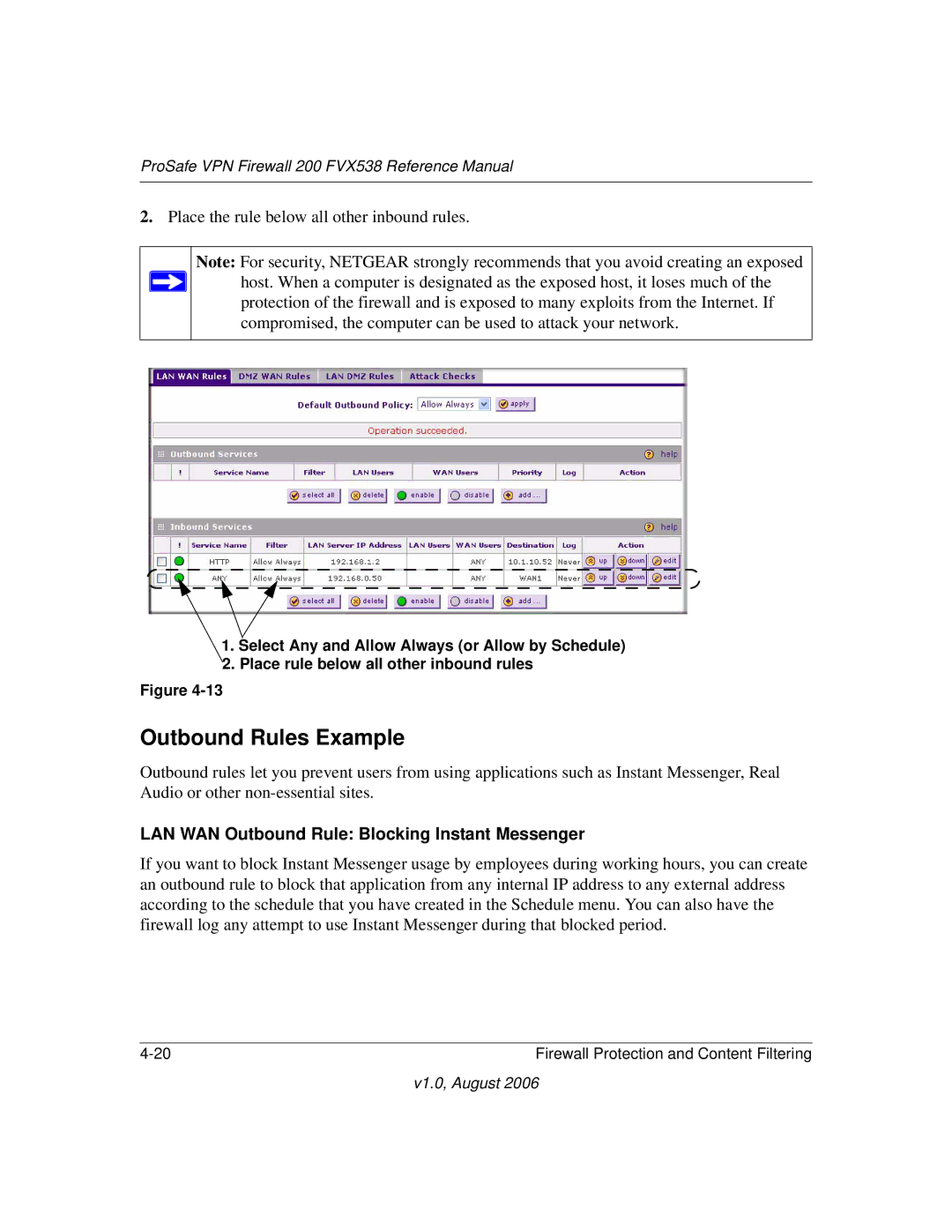 NETGEAR FVX538NA manual Outbound Rules Example, LAN WAN Outbound Rule Blocking Instant Messenger 