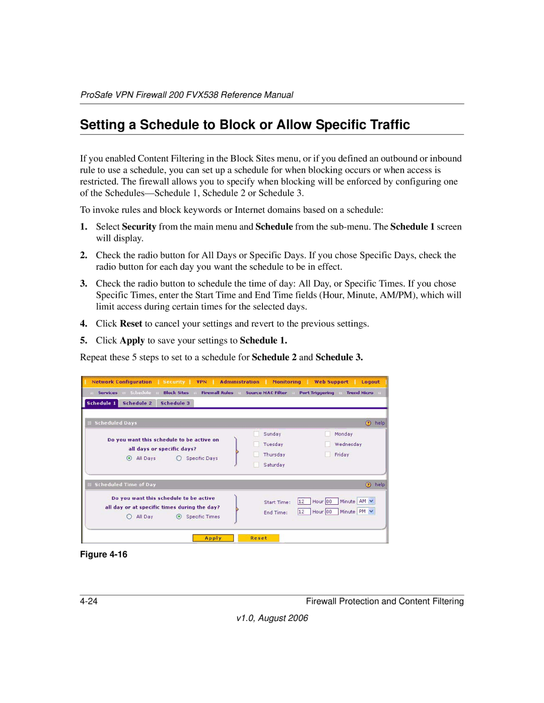 NETGEAR FVX538NA manual Setting a Schedule to Block or Allow Specific Traffic 