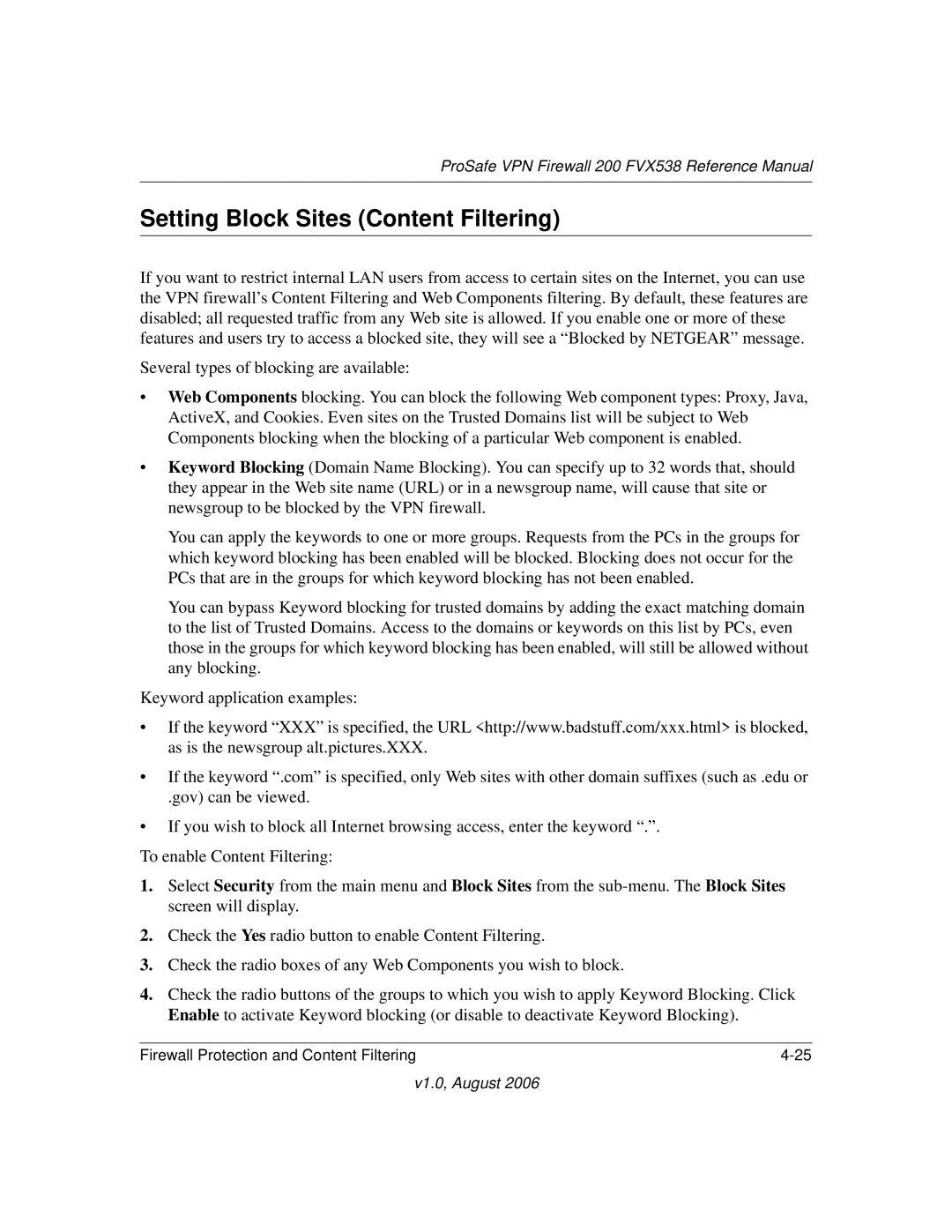 NETGEAR FVX538NA manual Setting Block Sites Content Filtering 