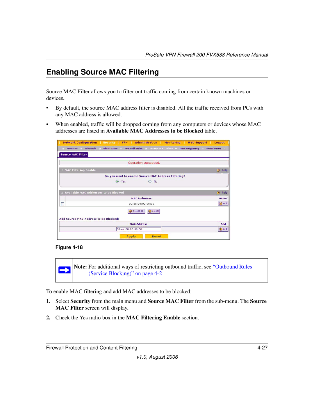 NETGEAR FVX538NA manual Enabling Source MAC Filtering 