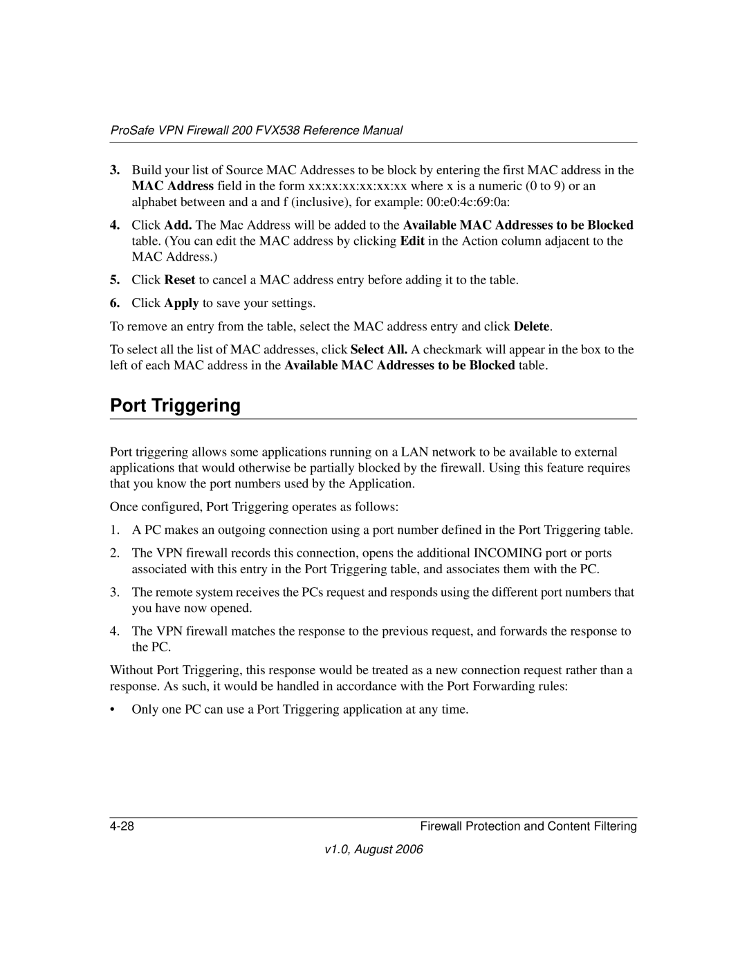 NETGEAR FVX538NA manual Port Triggering 