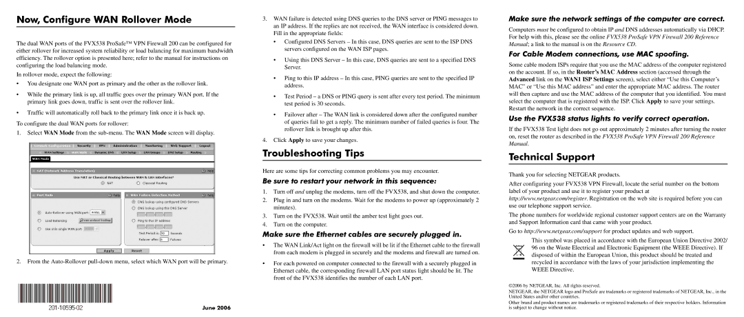 NETGEAR FVX538 manual Now, Configure WAN Rollover Mode, Troubleshooting Tips, Technical Support 