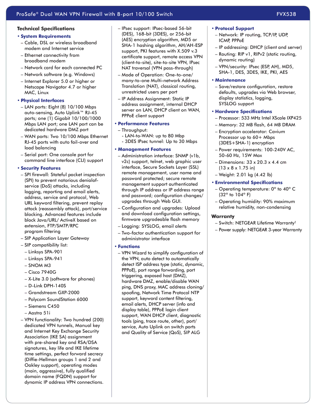 NETGEAR FVX538 manual Technical Specifications, Warranty 