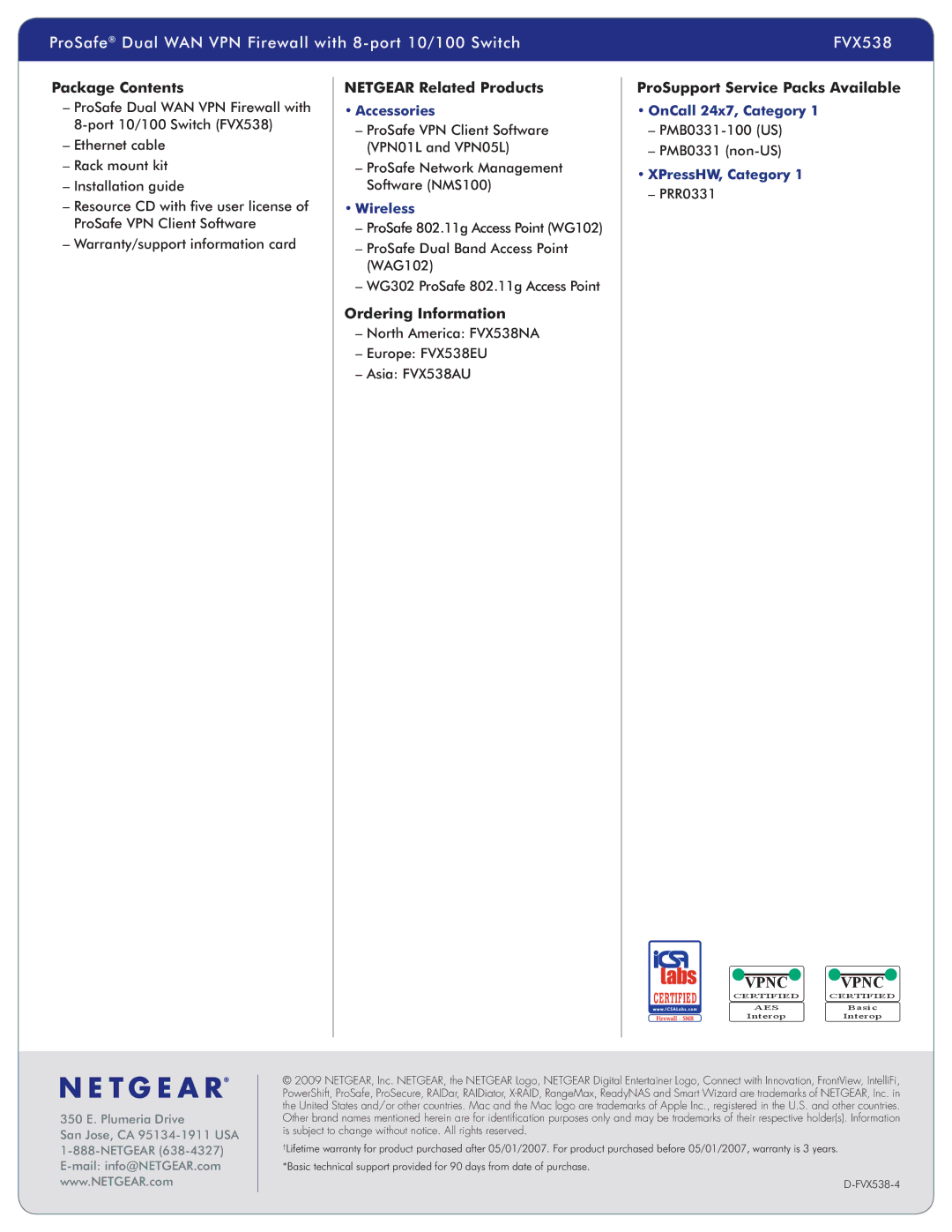 NETGEAR FVX538 manual Package Contents, Netgear Related Products, Ordering Information, ProSupport Service Packs Available 