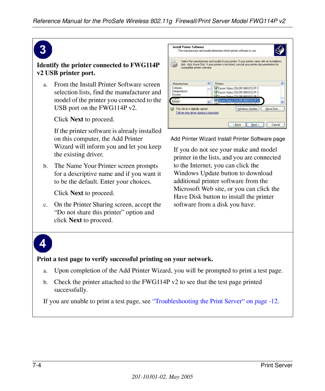 NETGEAR FWG114P v2 manual Add Printer Wizard Install Printer Software 