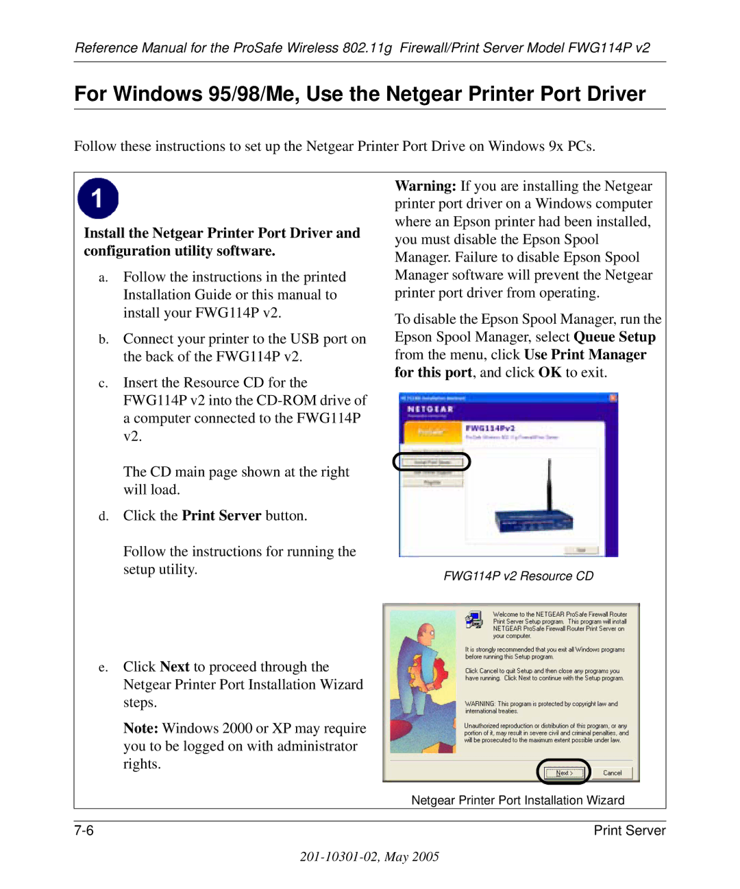 NETGEAR FWG114P v2 manual For Windows 95/98/Me, Use the Netgear Printer Port Driver 