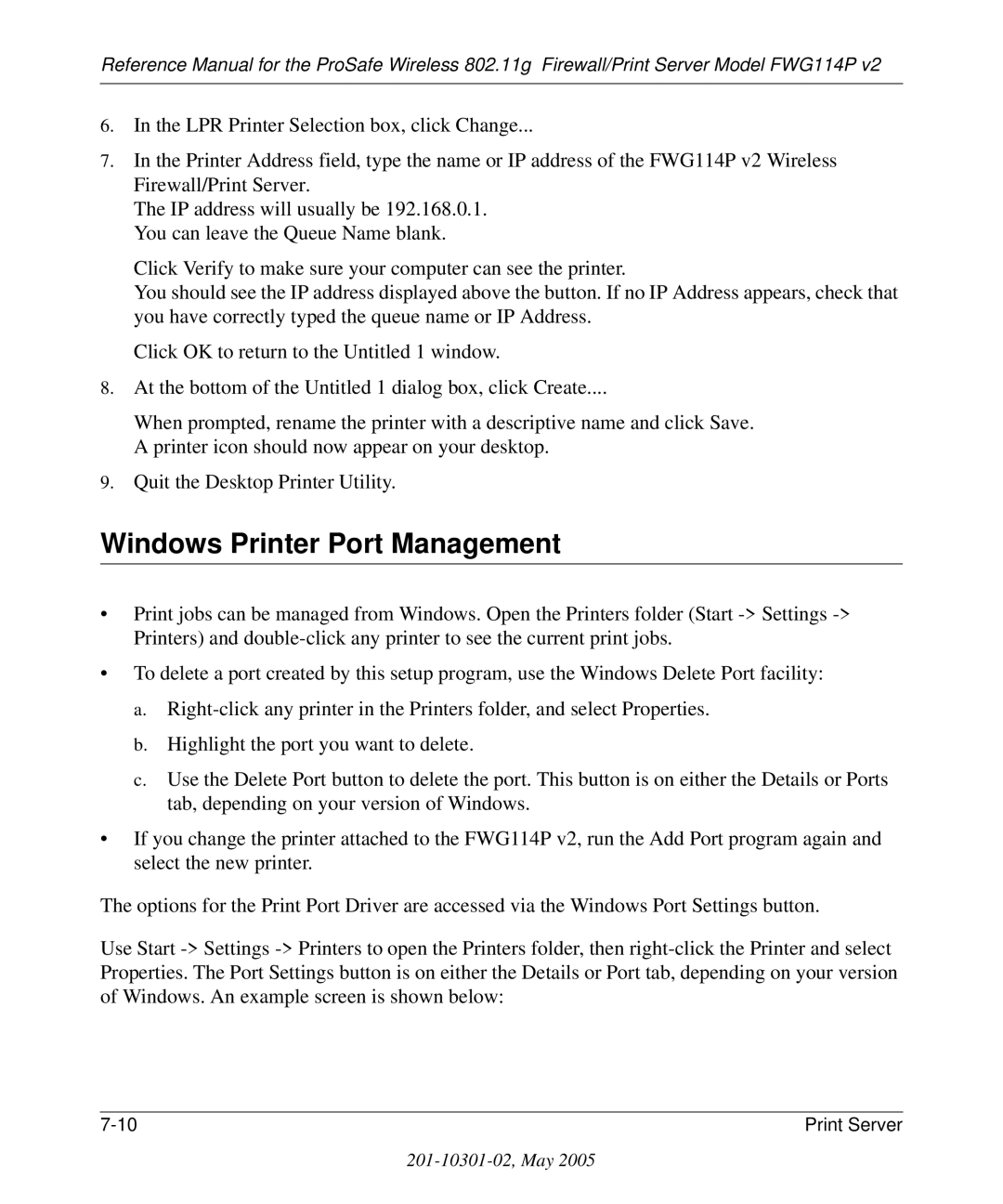 NETGEAR FWG114P v2 manual Windows Printer Port Management 