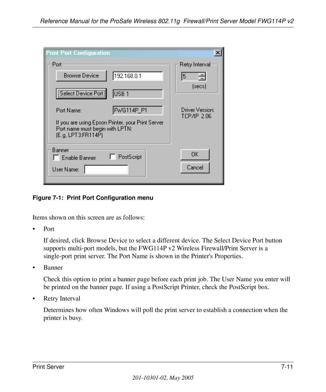 NETGEAR FWG114P v2 manual Print Port Configuration menu 