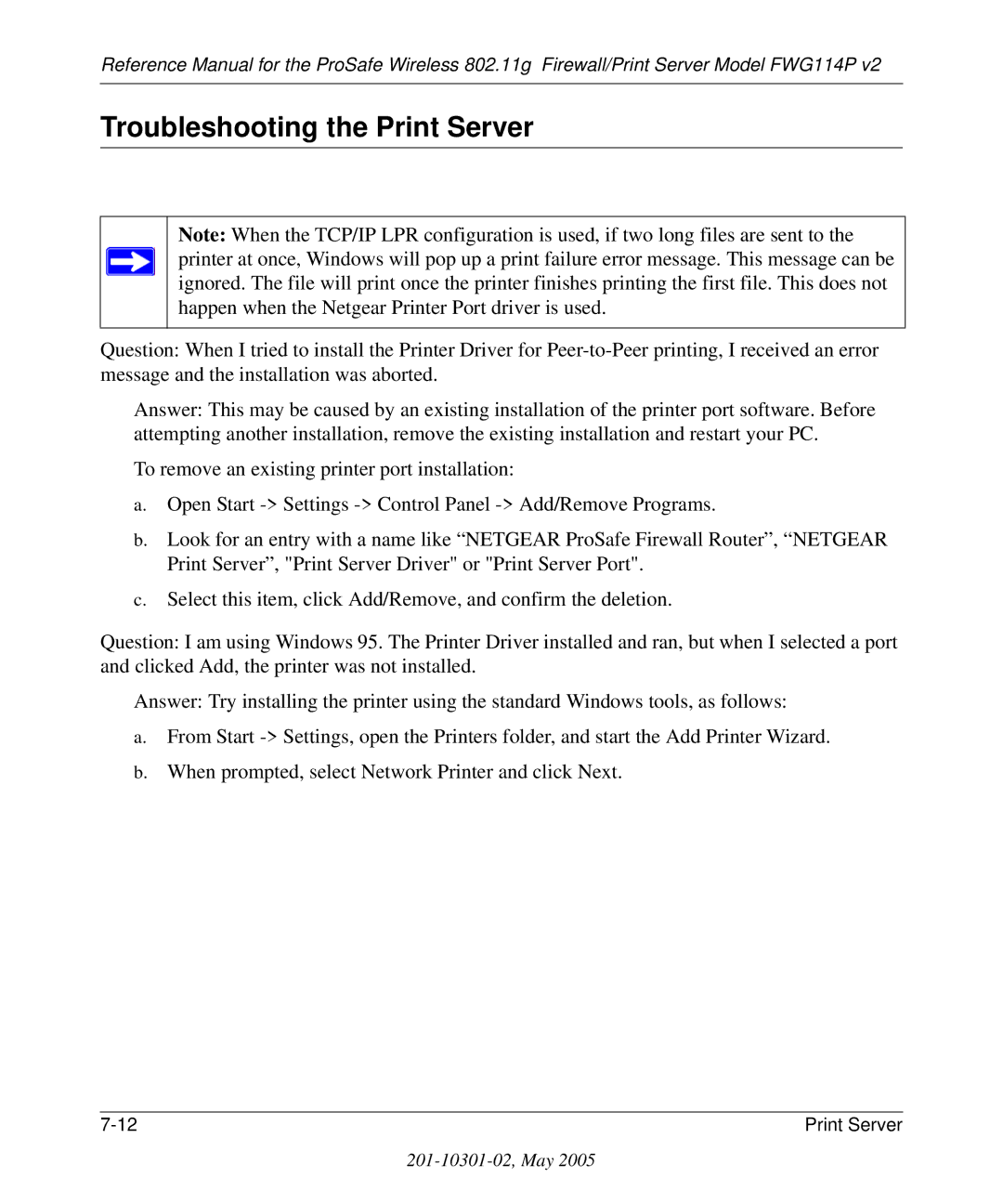 NETGEAR FWG114P v2 manual Troubleshooting the Print Server 