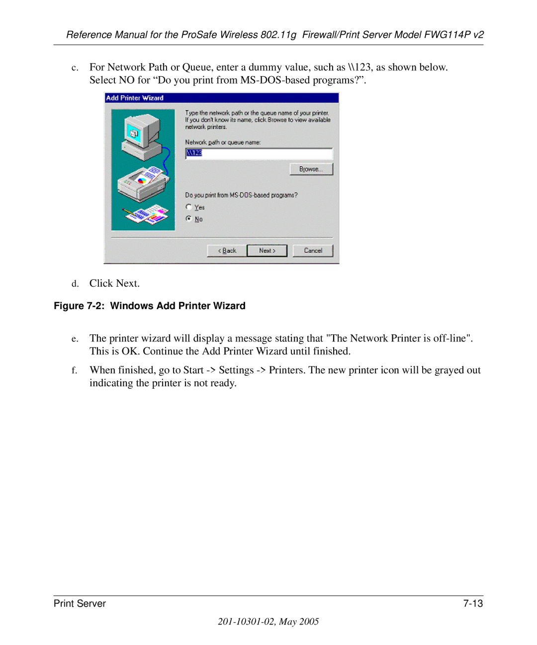 NETGEAR FWG114P v2 manual Windows Add Printer Wizard 