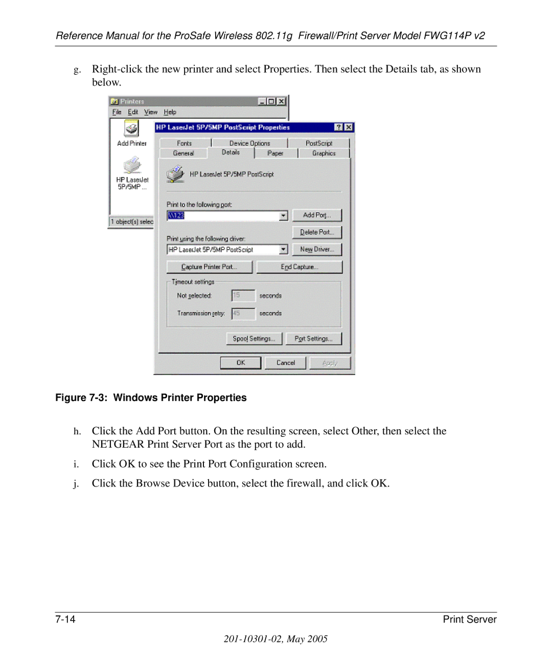 NETGEAR FWG114P v2 manual Windows Printer Properties 