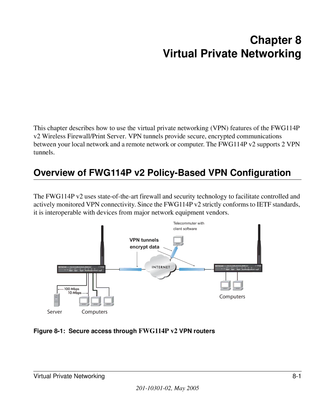 NETGEAR manual Chapter Virtual Private Networking, Overview of FWG114P v2 Policy-Based VPN Configuration 