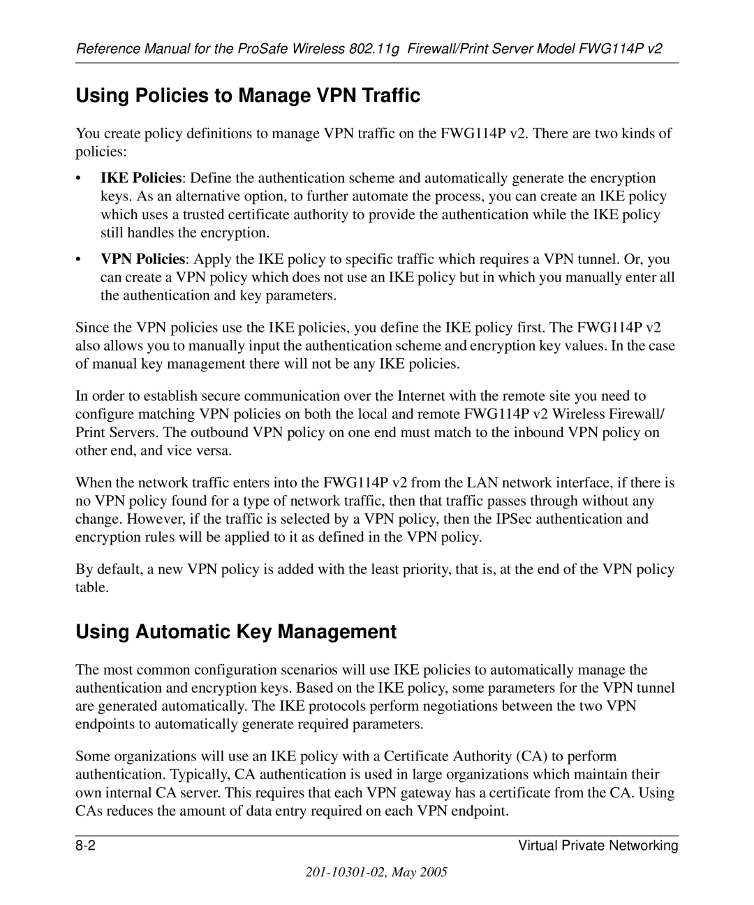 NETGEAR FWG114P v2 manual Using Policies to Manage VPN Traffic, Using Automatic Key Management 