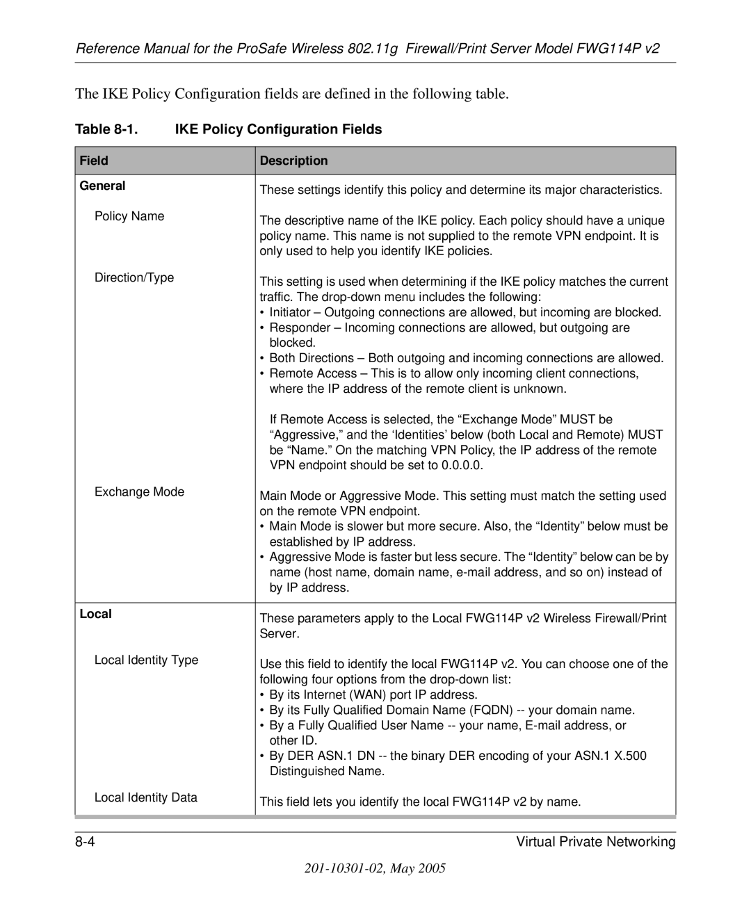 NETGEAR FWG114P v2 manual IKE Policy Configuration Fields, Field Description General 