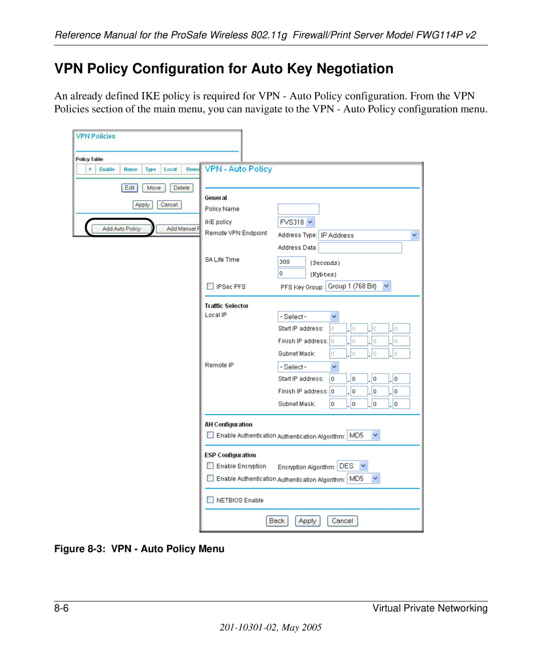 NETGEAR FWG114P v2 manual VPN Policy Configuration for Auto Key Negotiation, VPN Auto Policy Menu 