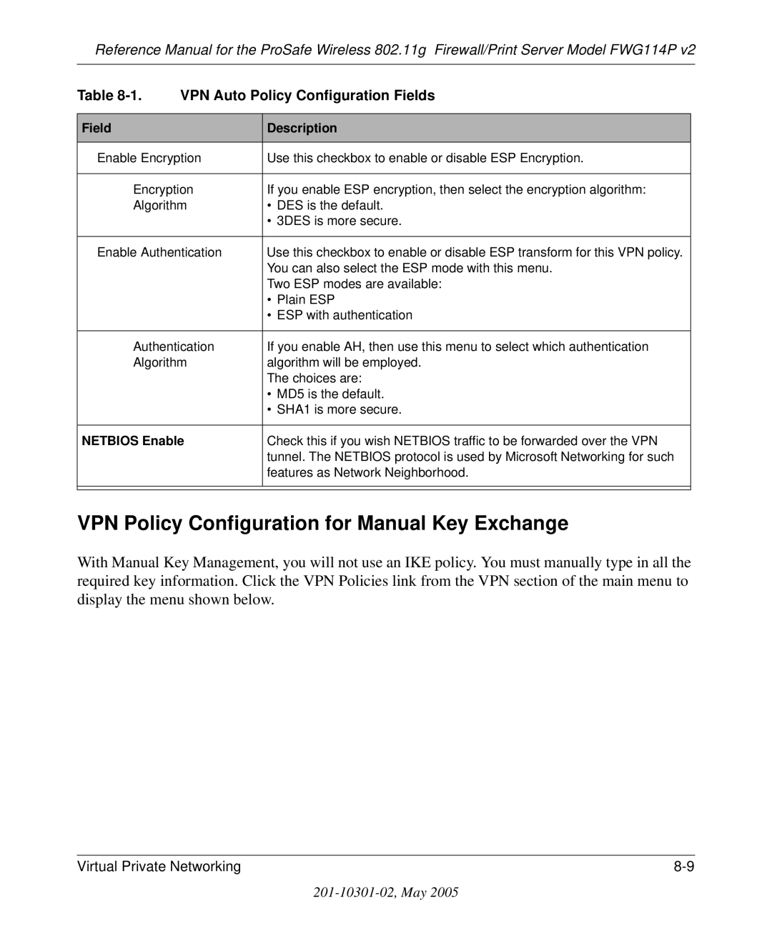 NETGEAR FWG114P v2 manual VPN Policy Configuration for Manual Key Exchange, Netbios Enable 