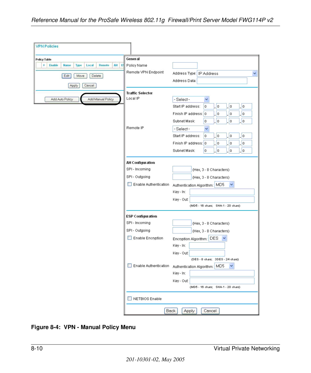 NETGEAR FWG114P v2 manual VPN Manual Policy Menu 