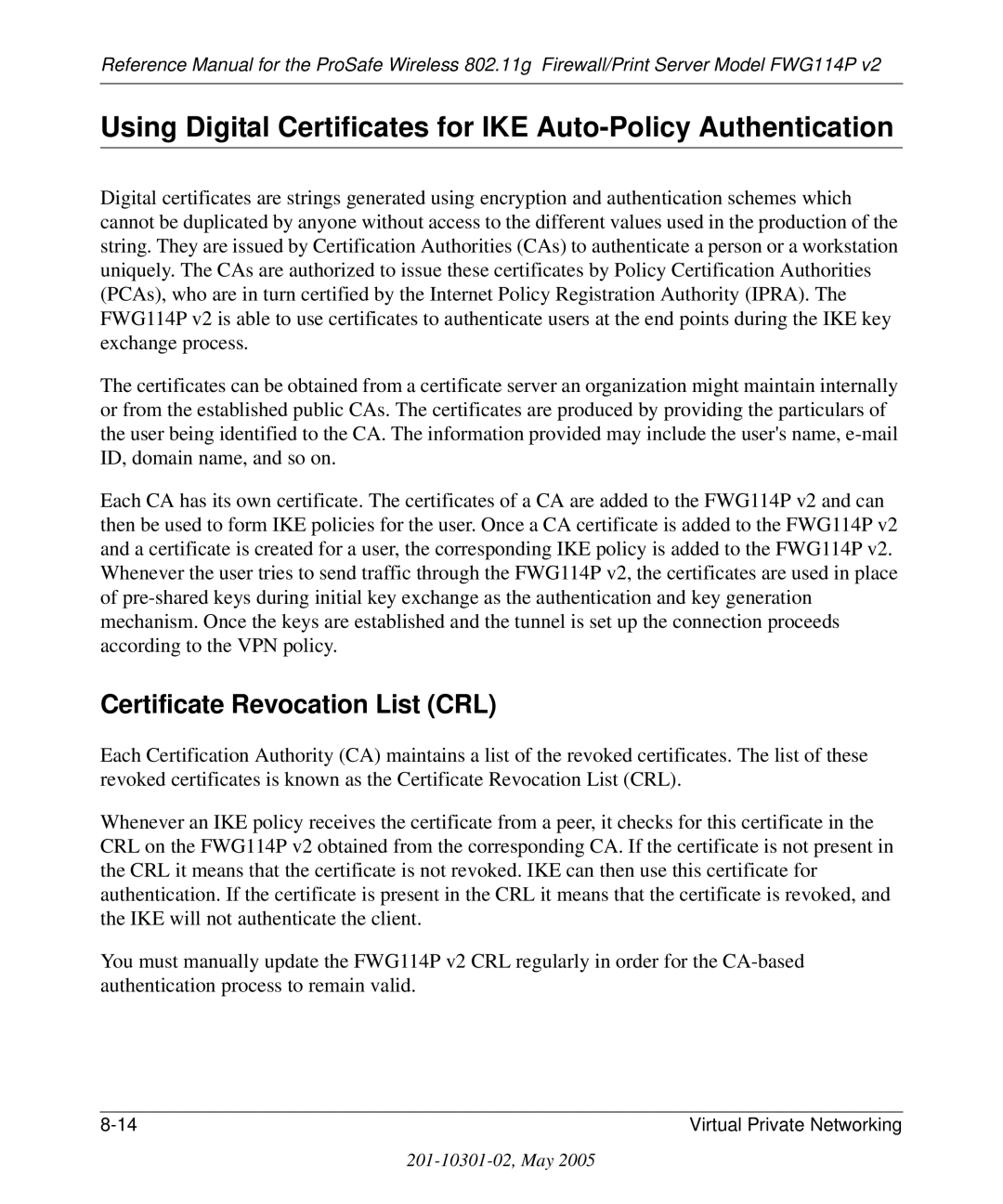 NETGEAR FWG114P v2 manual Certificate Revocation List CRL 