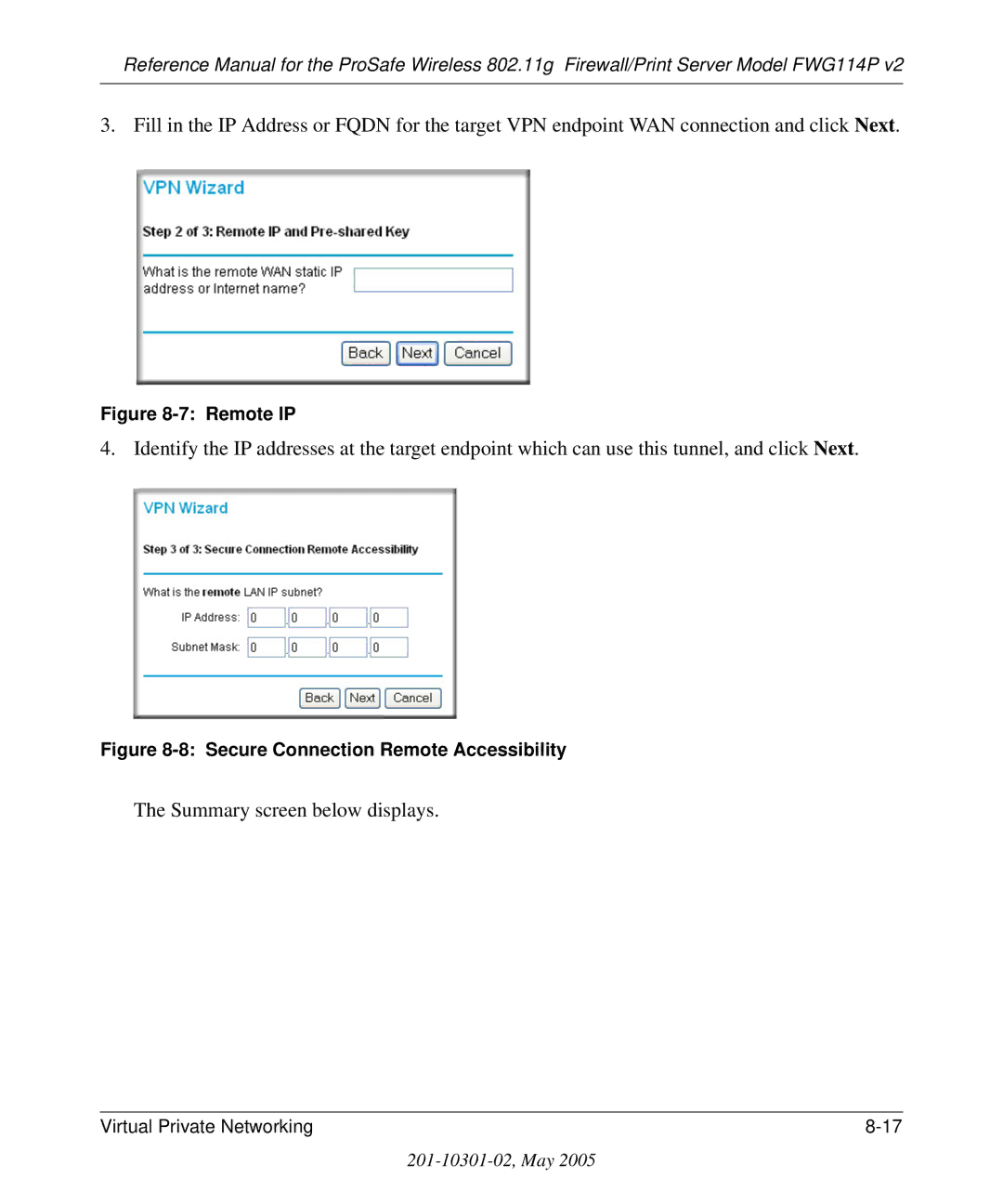 NETGEAR FWG114P v2 manual Summary screen below displays, Remote IP 