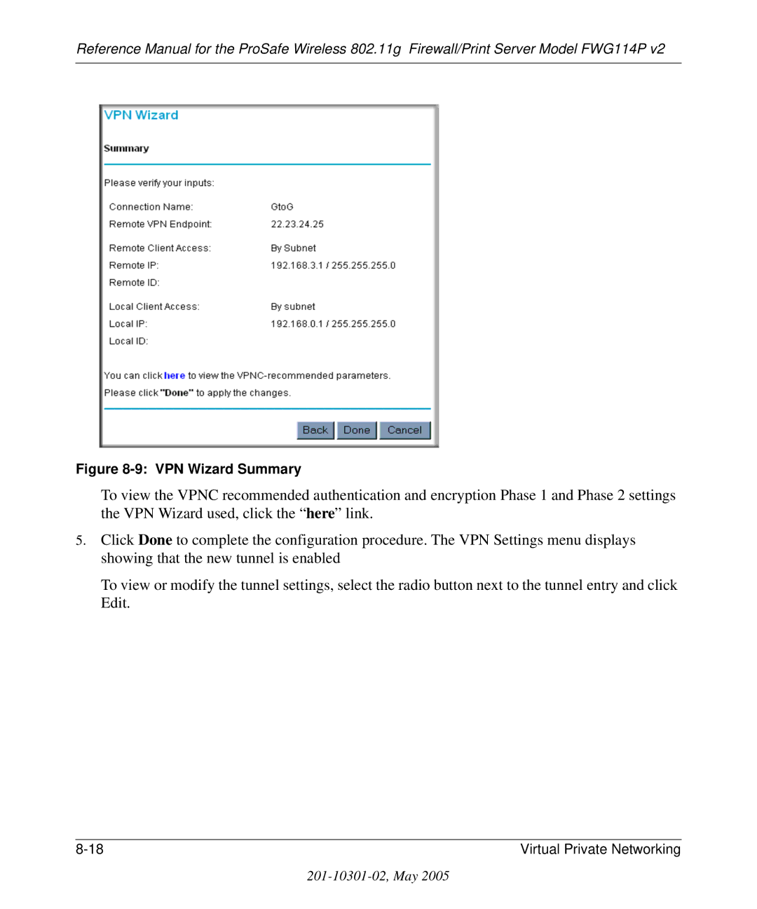 NETGEAR FWG114P v2 manual VPN Wizard Summary 