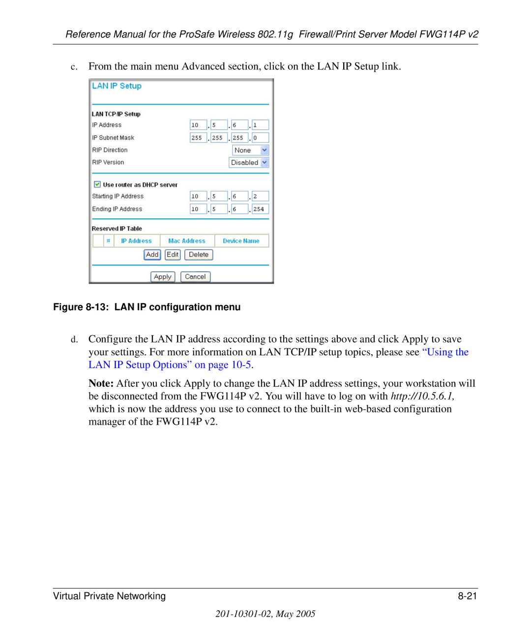 NETGEAR FWG114P v2 manual LAN IP configuration menu 