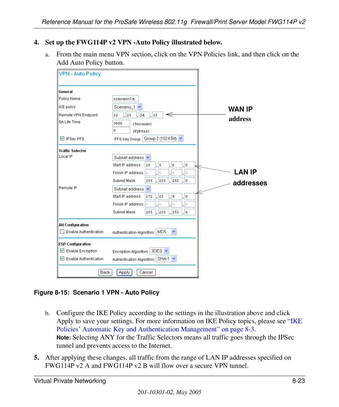 NETGEAR manual Set up the FWG114P v2 VPN -Auto Policy illustrated below, Address 