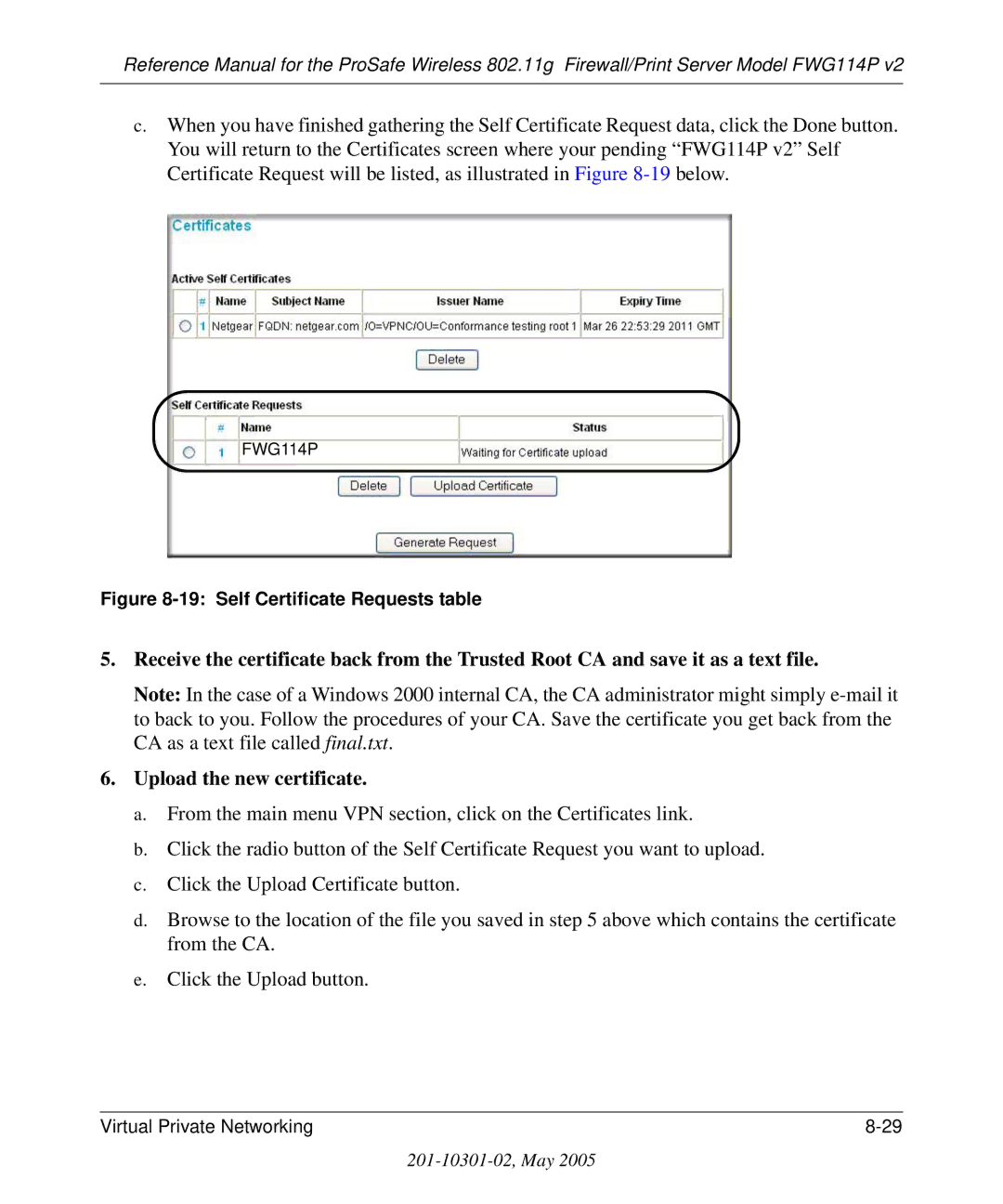 NETGEAR FWG114P v2 manual Self Certificate Requests table 