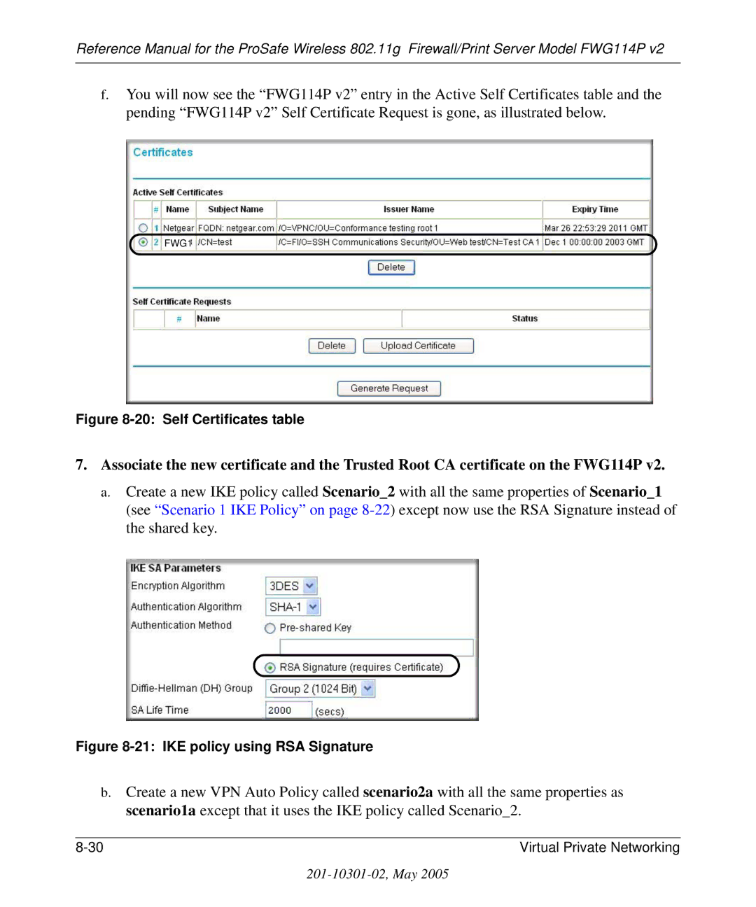 NETGEAR FWG114P v2 manual Self Certificates table 