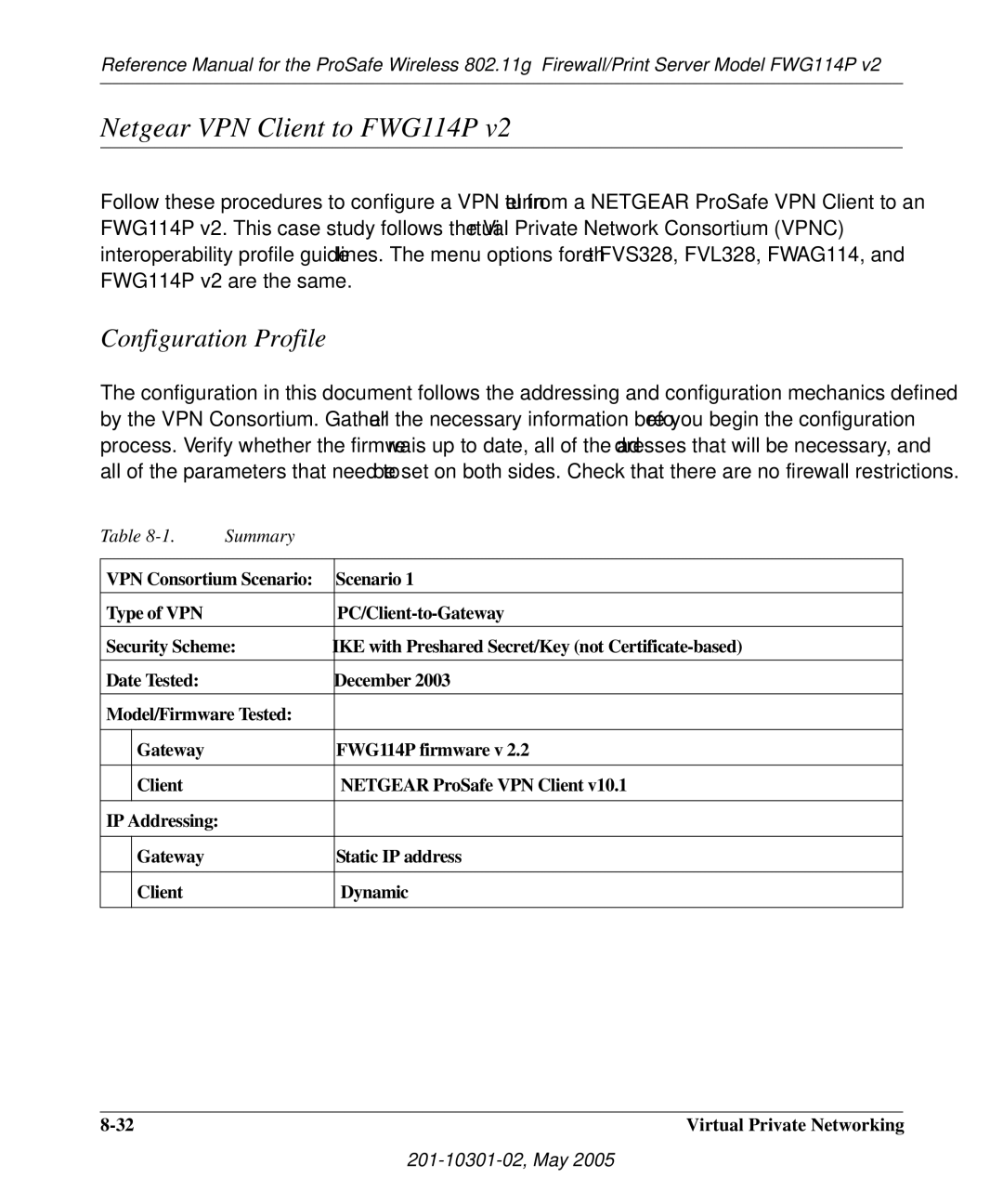 NETGEAR FWG114P v2 manual Netgear VPN Client to FWG114P, Configuration Profile, Summary 