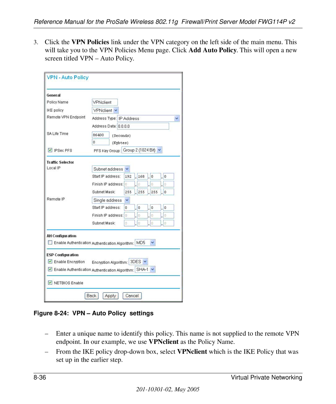 NETGEAR FWG114P v2 manual VPN Auto Policy settings 