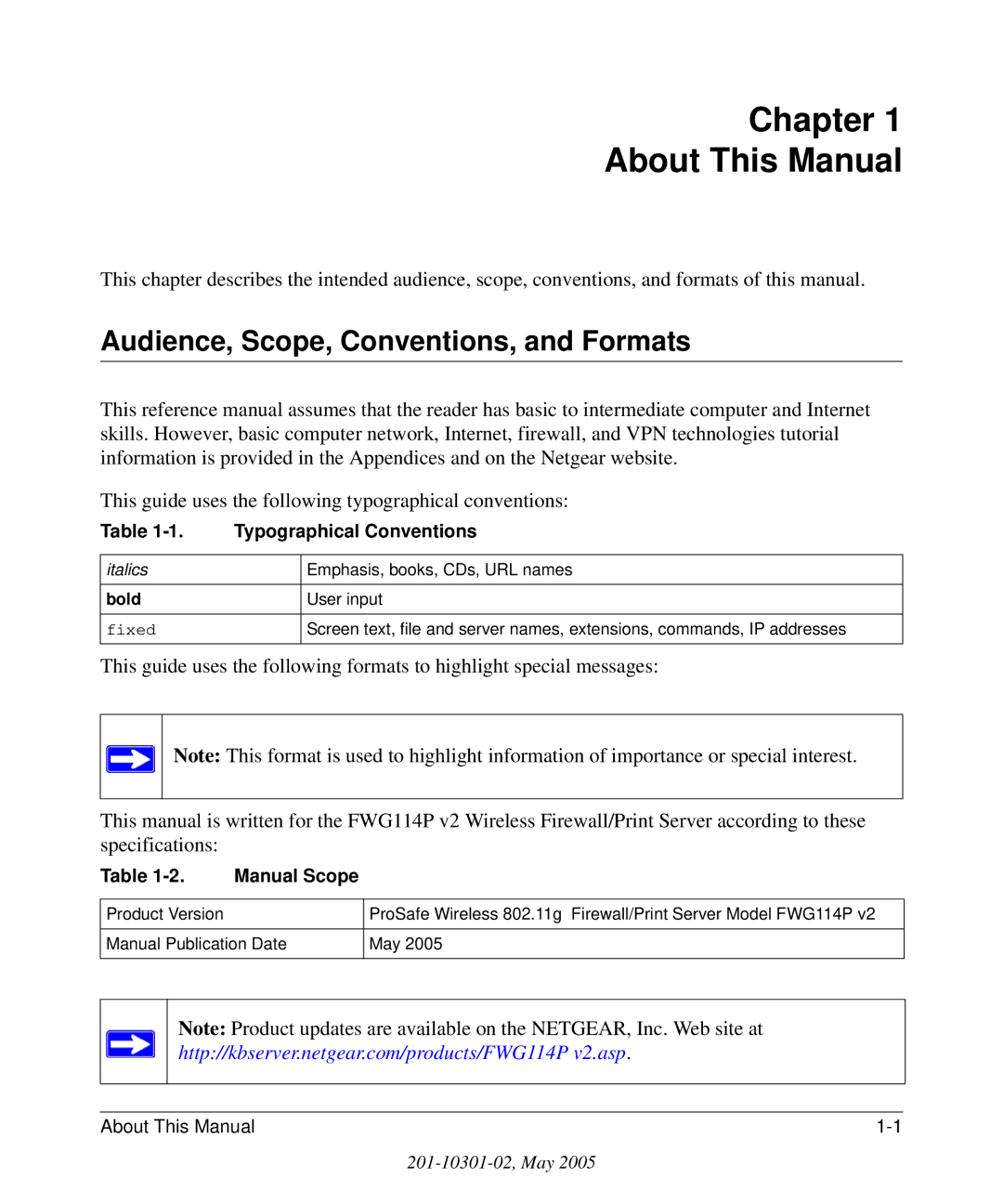 NETGEAR FWG114P v2 manual Chapter About This Manual, Audience, Scope, Conventions, and Formats, Typographical Conventions 