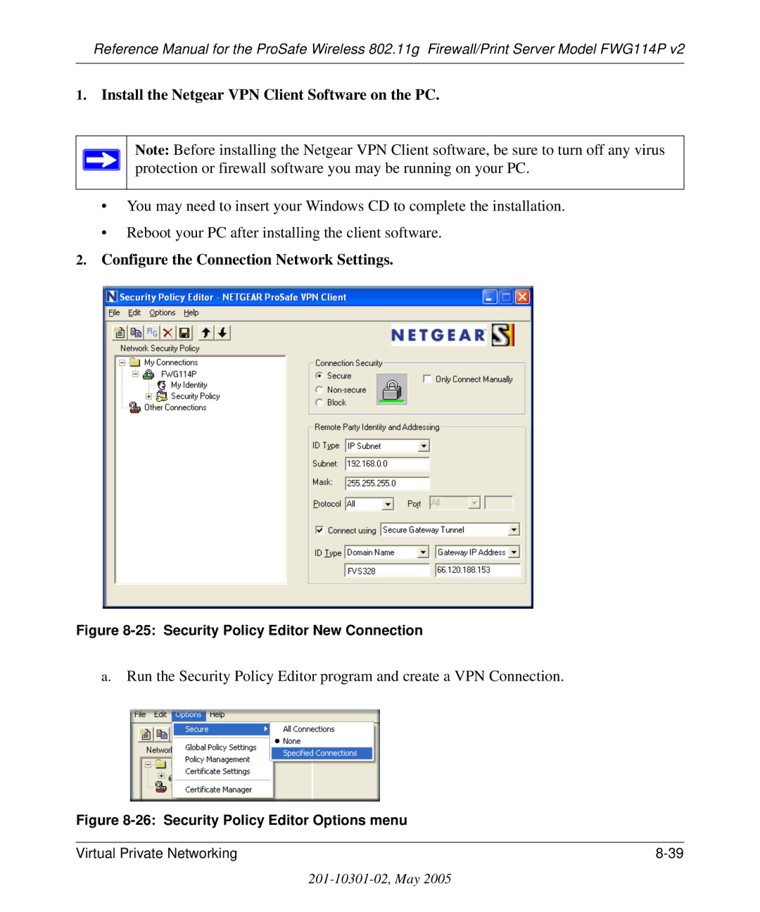 NETGEAR FWG114P v2 manual Install the Netgear VPN Client Software on the PC, Configure the Connection Network Settings 