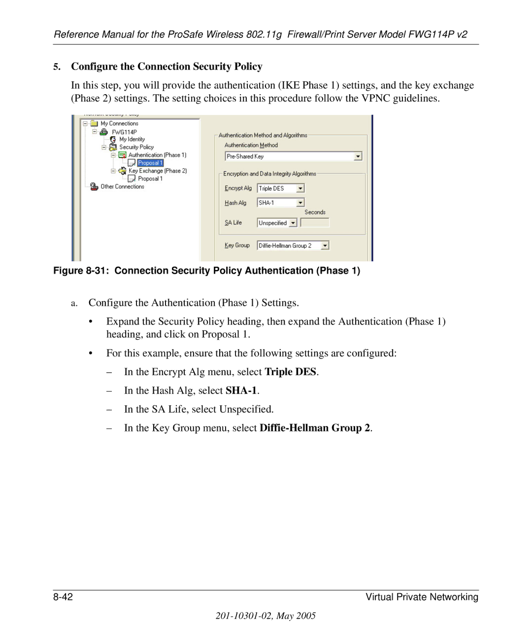 NETGEAR FWG114P v2 manual Configure the Connection Security Policy, Connection Security Policy Authentication Phase 