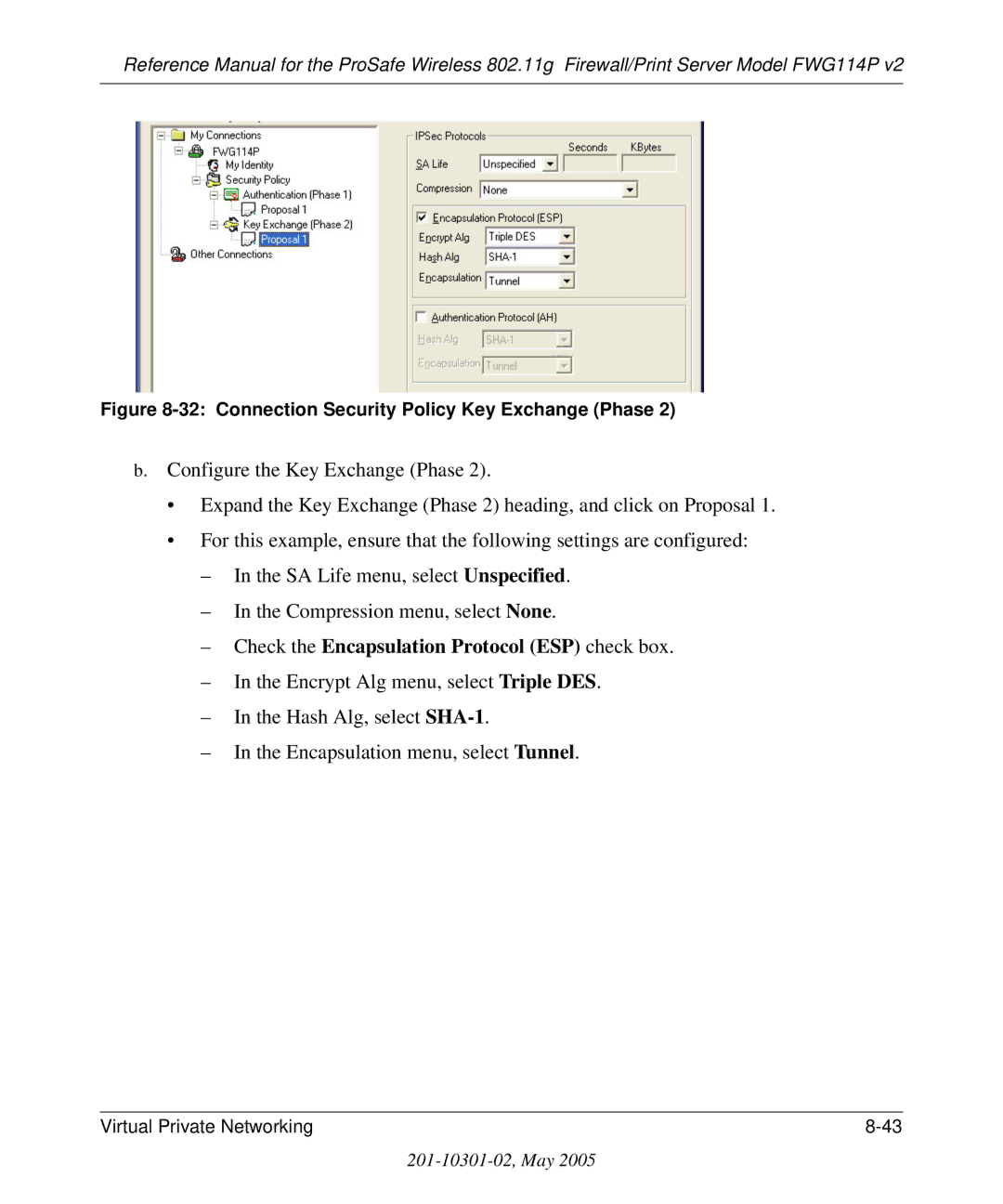 NETGEAR FWG114P v2 manual Check the Encapsulation Protocol ESP check box, Connection Security Policy Key Exchange Phase 