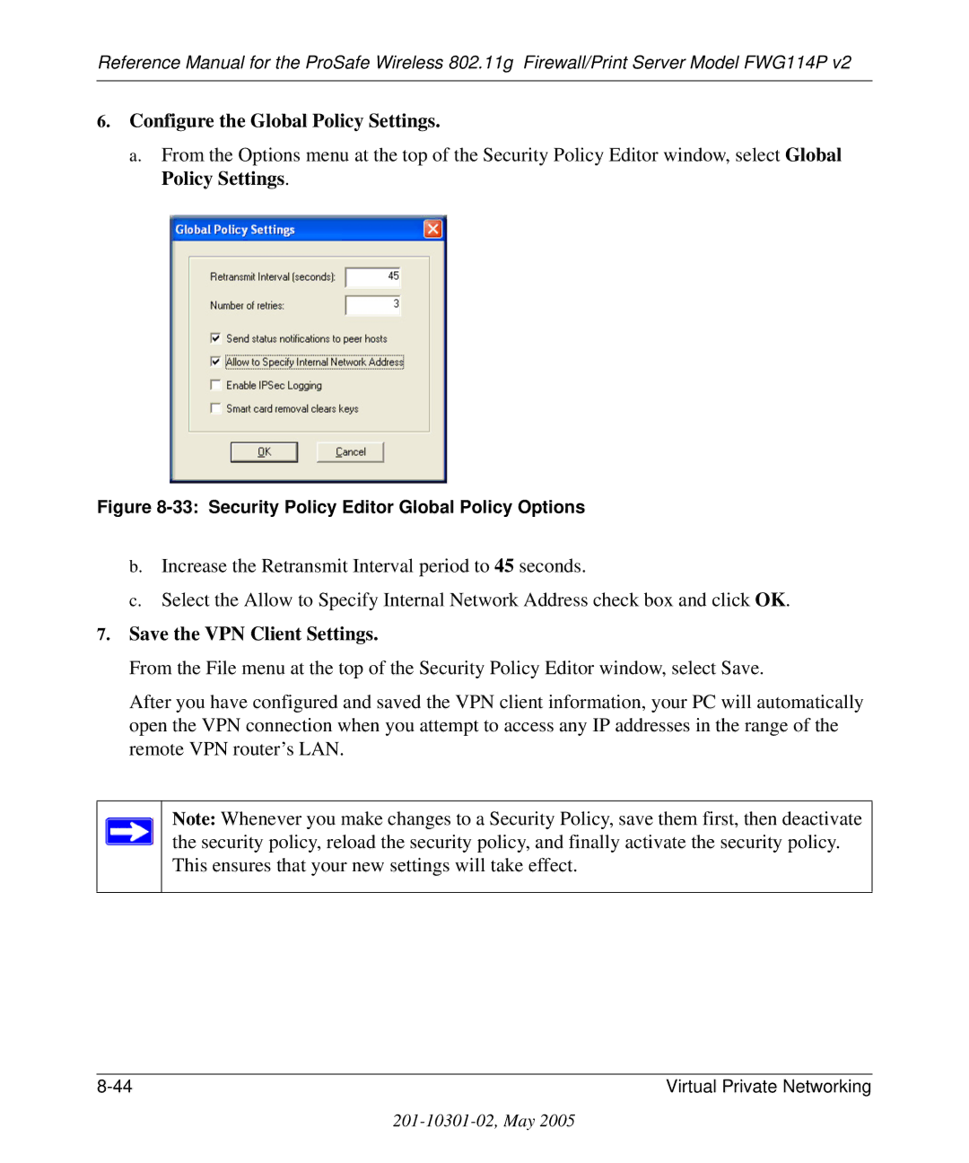 NETGEAR FWG114P v2 manual Configure the Global Policy Settings, Save the VPN Client Settings 