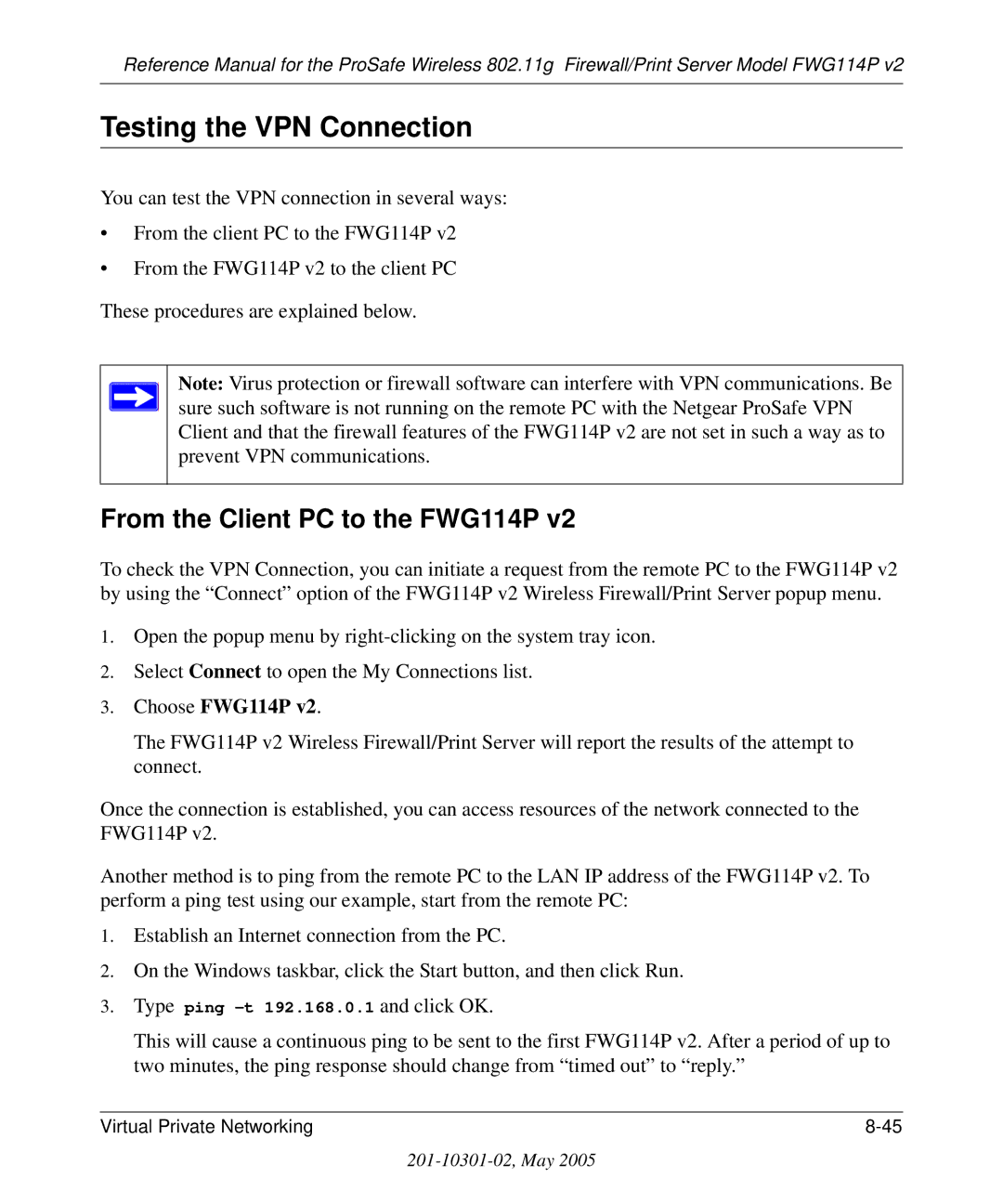 NETGEAR FWG114P v2 manual Testing the VPN Connection, From the Client PC to the FWG114P, Choose FWG114P 